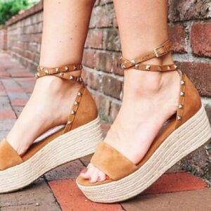 Marc Fisher Jazlyn brown suede studded ankle strap platform espadrille sandals